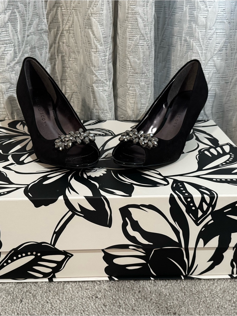 Black Crystal-Embellished Peep-Toe Heels